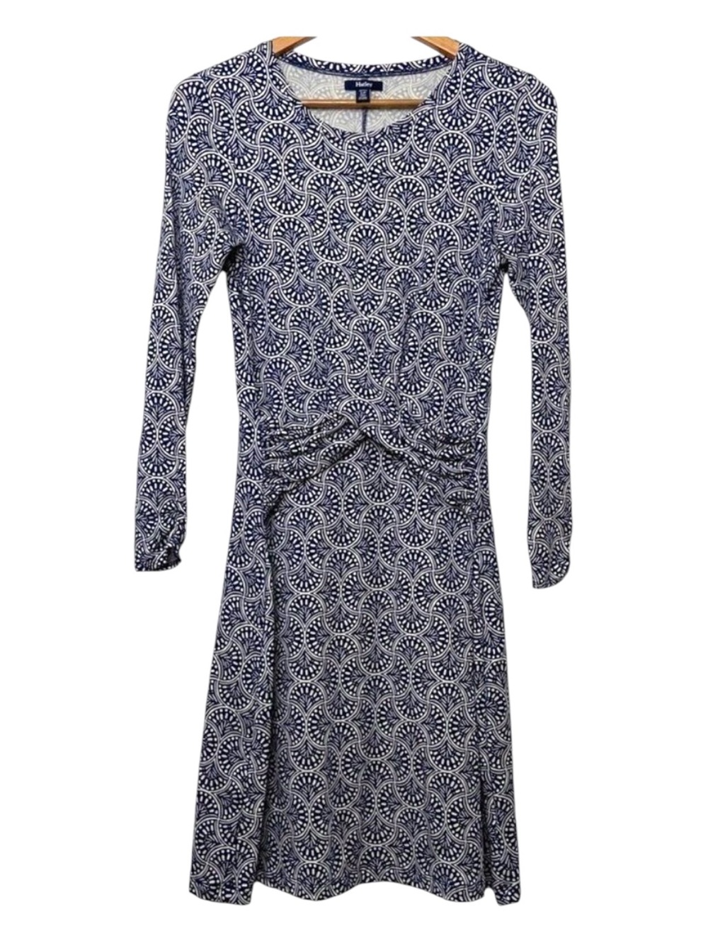 Hatley jersey cotton blend dress draped long sleeves white & navy blue small